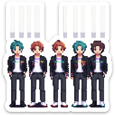BTS K-pop group pixel art style, each member with signature hairstyle and outfit, performing on stage, colorful lights sticker