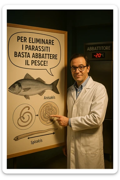 cinematic a scientist in a white lab coat stands beside a large poster showing a fish and a diagram of the Anisakis parasite. The scientist points to a speech bubble that says, “Per eliminare i parassiti basta abbattere il pesce!” In the background, a blast freezer is visible, with a temperature gauge set to -20°C. The mood is informative and reassuring. In italiano sticker
