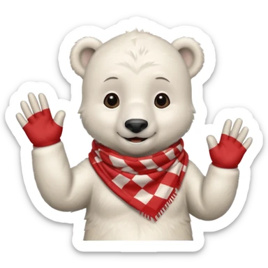 baby Polar Bear, smiling, hi five, wearing red Checkered Triangle scarf sticker