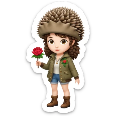full body woman short curly brown mullet hair brown eyes white skin wearing hedgehog hat and thorny rose jacket sticker