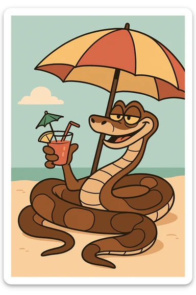 Kaa the snake from The Jungle Book lounging under a beach umbrella, holding a tropical drink, cartoon style sticker