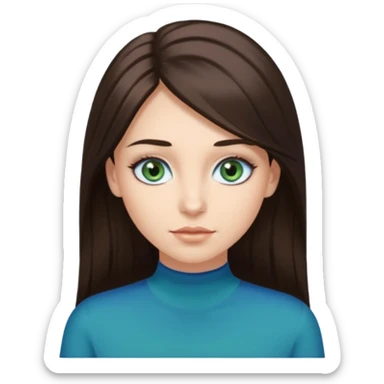 long dark brown hair with highlights in the front, big blue eyes clear skin with neck and green top on add long eyelashes sticker