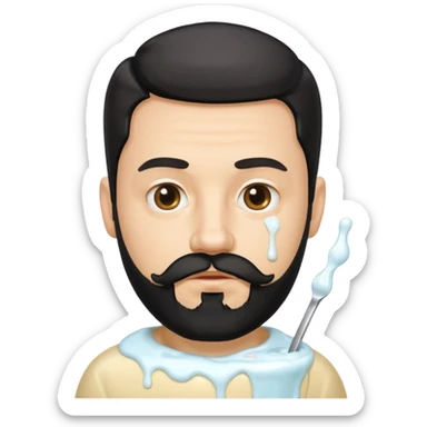 A white man with a black beard with yogurt dripping from his mustache sticker