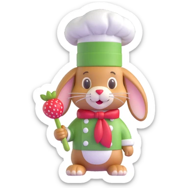 A 3D iOS 18-style bunny wearing a green chef hat with white polka dots and a red strawberry. The bunny should have a light brown fur texture with darker brown ears and a cute, friendly expression. sticker