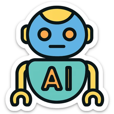 futuristic robot with the letters AI, color outline icon style sticker