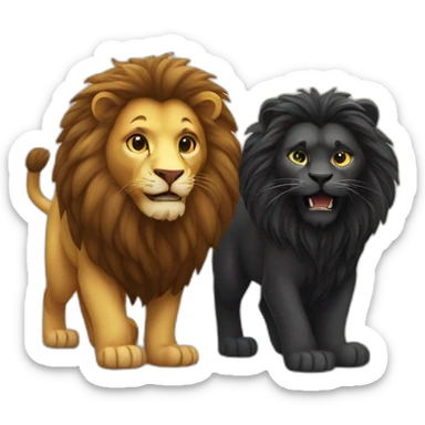 Black small cat and big lion playing sticker