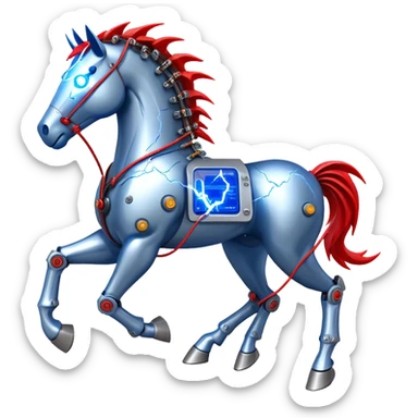 fast electric horse made of electricity, metal plates, bolts, visible blue and red wires, lightning surrounding it sticker