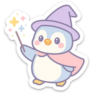 penguin wizard casting a spell with sparkles, whimsical fantasy style sticker