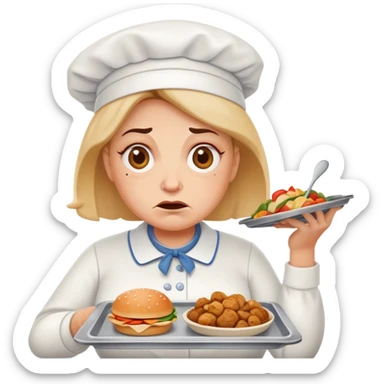 lunch lady with a tray of unappetizing food, exaggerated disgusted face sticker