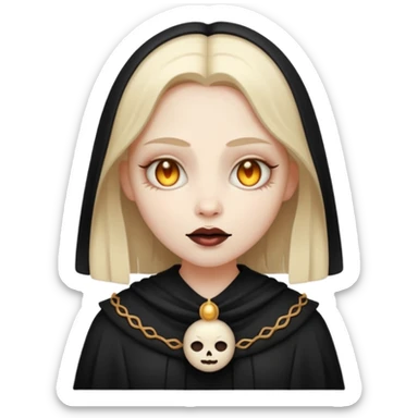 Stylized cult cartoon girl emoji, eerie-cute aesthetic, symmetrical design, subtle spooky vibe, glowing eyes, chanting “AMILK”, bold graphic icon sticker