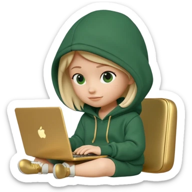 3D clay render character sitting with laptop, rounded cute design, deep green (#0B3D2C) hoodie, cream laptop, gold accents, Pixar style, transparent background sticker