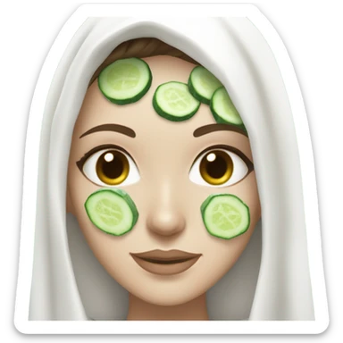 White girl with Brown hair and blue eyes wears a Green clay colored skincare textured mask and puts on cucumbers around her eyes while She relaxes in her white Robe sticker