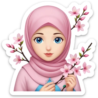 Turkish beautiful finish Konya girl blue eyes with light pink hijab islamic dress and had on her hand cherry blossom sticker