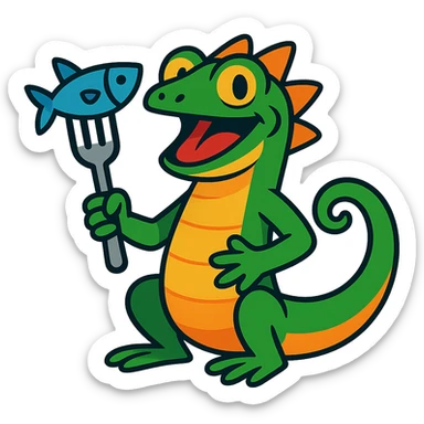 fun and expressive lizard holding a fork and a fish, vibrant colors, playful character sticker