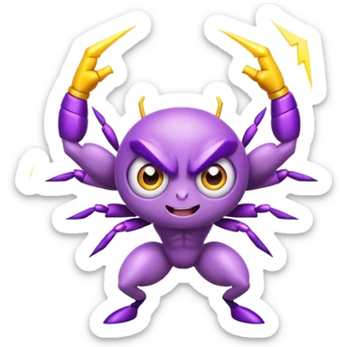 cute purple bug with big expressive eyes, strong muscular arms, a fun happy expression, and electric lightning bolt arms sticker