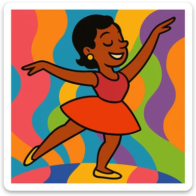 Add a vibrant, colorful background behind Dana Dawson in a dance pose, keep the original vibrant toon style sticker