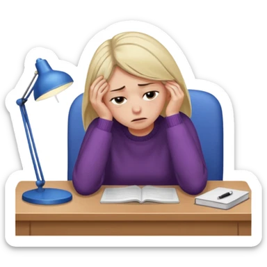 A woman wearing a jumper experiencing burnout, exhausted and overwhelmed, tired eyes, slumped posture, sitting at a desk, iOS emoji style sticker