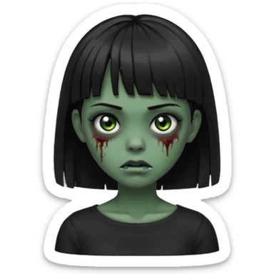 Zombie girl emoji verde escuro com cabelo curto liso preto no ombro e franja na altura da sobrancelha cobrindo completamente a testa, usando uma blusa preta, com olhos pretos  sticker