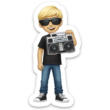 blonde boy in stylish jewelry with a boombox sticker