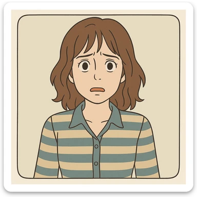 Joyce Byers from Stranger Things, iconic look: brown hair, striped blouse, worried expression, simple line art, light pastel tones, thick outlines, Ghibli style, square 1:1 format, inspired by the provided references. sticker