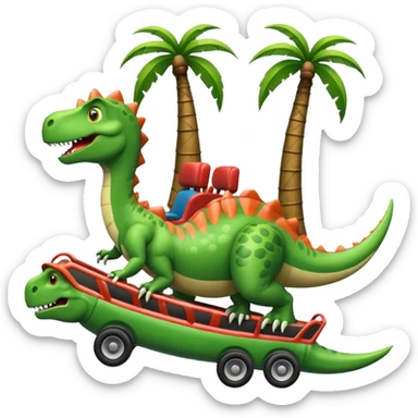 dinosaur waving from a roller coaster car, palm tree nearby, emoji style sticker