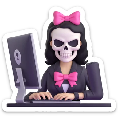 female Punisher skull character with pink bow working on computer sticker