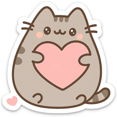 Pusheen hugging a big heart, pastel colors, adorable sticker