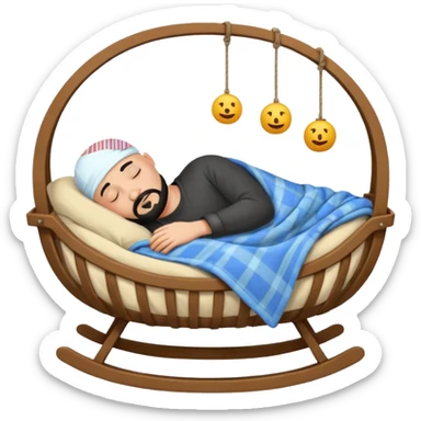 a bald man with a black goatee sleeping in a cradle sticker