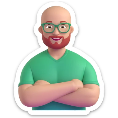 muscular bald man with red goatee and glasses, smiling, wearing a green shirt sticker