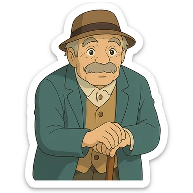 man with a cane, gentle expression, ghibli style sticker