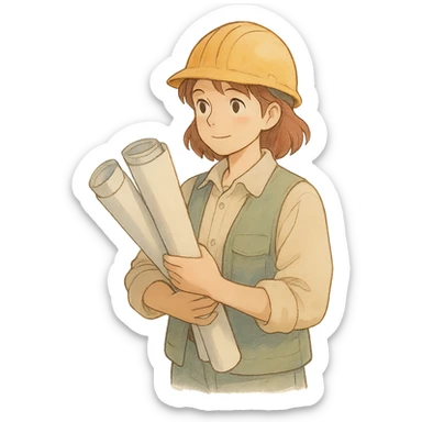ghibli style woman construction worker holding blueprints, soft colors, no background sticker