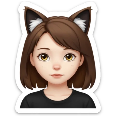 a girl with pale skin, shoulder lengh brown hair with lots of dandruff , cat ears and a tail, with a black t-shirt on sticker