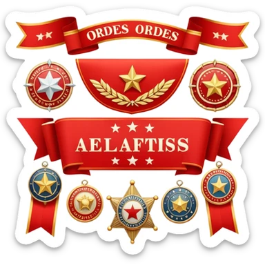 Icon for Collecting Orders, Medals & Badges: a variety of vintage orders and badges, displayed neatly on a big red pennant. The icon should reflect the honor and historical significance of these collectible items. Transparent background. sticker