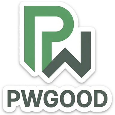 geometric logo for 'pwgood' with stylized 'pw' monogram, green and gray palette sticker