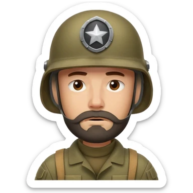 a very tired soldier in a helmet, helmet without insignia, with a beard sticker