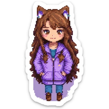 girl with long wavy brown hair and brown eyes wearing purple clothes with a three-color cat pixel art sticker