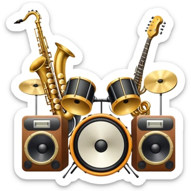 Icon for R&B Music Listening: large concert speakers and headphones with waves of musical notes coming out, along with drums, bass guitar and saxophone. The icon should convey the energetic and rhythmic vibe of R&B music. Transparent background sticker