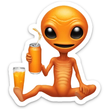 An alien drinking a can of orange soda  sticker