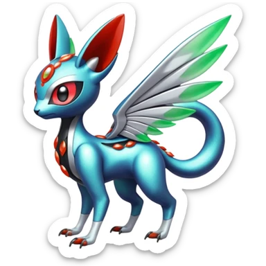 Shiny Colorful Futuristic Cyber-Vernid-Trico-Meloetta-Latias-Koraidon-Peppercat-Protogen-Pokémon-Digimon-Fakémon-fusion-hybrid-creature sticker