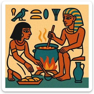 ancient Egyptian cooking scene in hieroglyphic style sticker