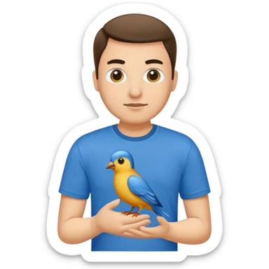 blue tshirt man with bird sticker
