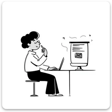 Person with calm expression, breathing deeply, finger hovering over keyboard, email draft visible sticker