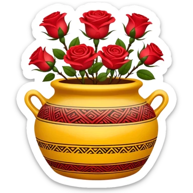 Yellow ceramic pot with red roses; the pot is decorated in an ethnic style. sticker