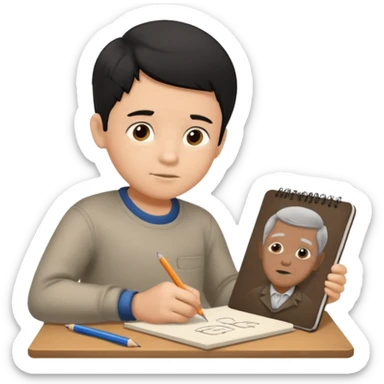 boy ,drawing pic of grandpa on the notebook, charcoal sticker