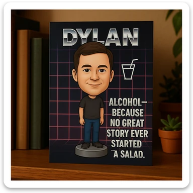 birthday card featuring Dylan as a bobblehead character, minimal neon grid background, one drink icon, bold chrome text with the quote 'Alcohol—because no great story ever started with a salad.', clean limited color palette sticker