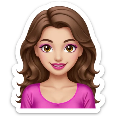 girl with long wavy brown hair, brown eyes, long lashes makeup, sexy pink lips, light to medium complexion, wearing a pink sexy silk top, winking  sticker