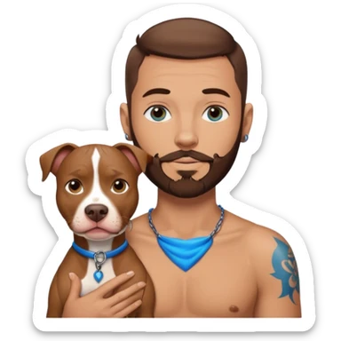 Man with brown beard and very short brown hair and blue eyes, neck tattoo with tan male pit bull  sticker