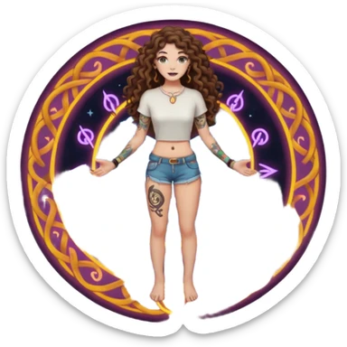 full body view of a woman with long curly brown hair, brown eyes, white skin, tattoos, standing in a magic circle on the ground, neon symbols around her feet sticker