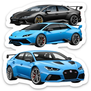 three cars lineup fromt profile forming a semi circle with a lamboghini svj an bmw m140i and a audi rs6 sticker