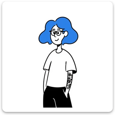 drawing of a person with blue hair, glasses, and tattoos sticker